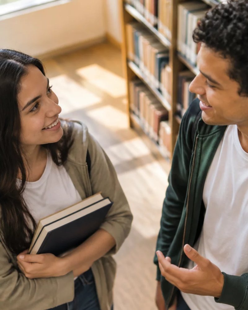 Duas participantes conversando de pé entre as prateleiras de uma biblioteca